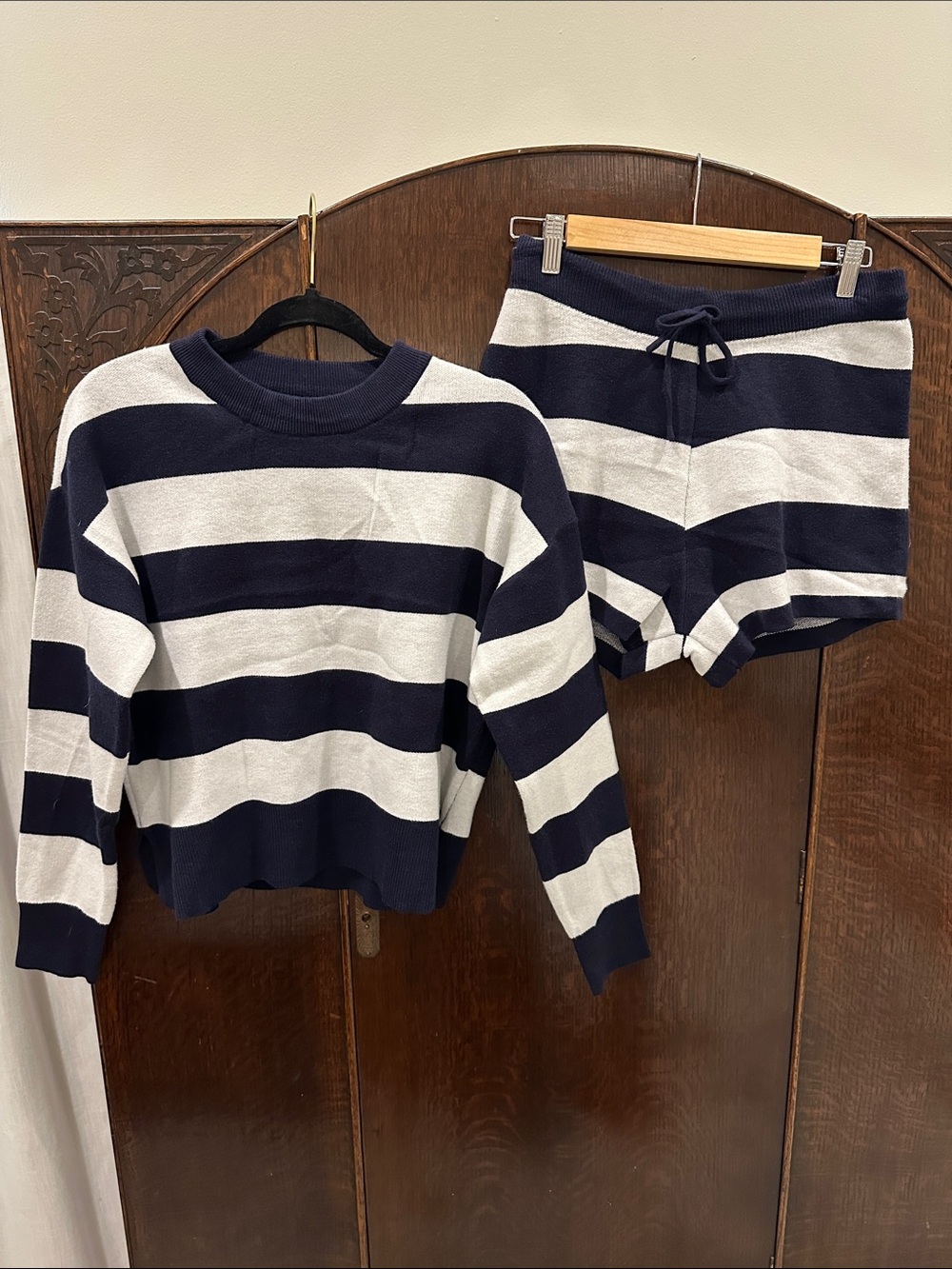 Striped Navy and White Knit Sweater and Shorts Set